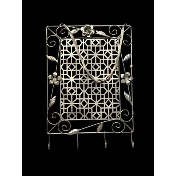 Decorative Floral Design Silver Metal Wall Hanging Jewelry Organizer With 4 Hook - Picture 3 of 13